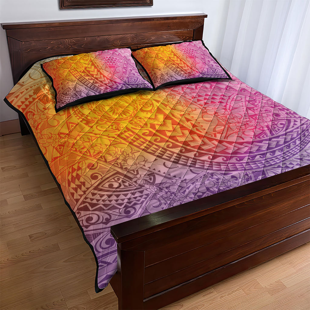 Hawaiian Turtles and Leis Quilt Bed Set Tribal Kakau Pattern Magical Rainbow Sky
