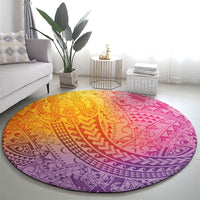 Hawaiian Turtles and Leis Round Carpet Tribal Kakau Pattern Magical Rainbow Sky