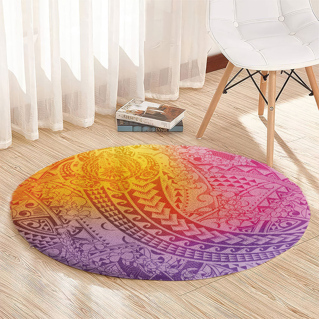 Hawaiian Turtles and Leis Round Carpet Tribal Kakau Pattern Magical Rainbow Sky