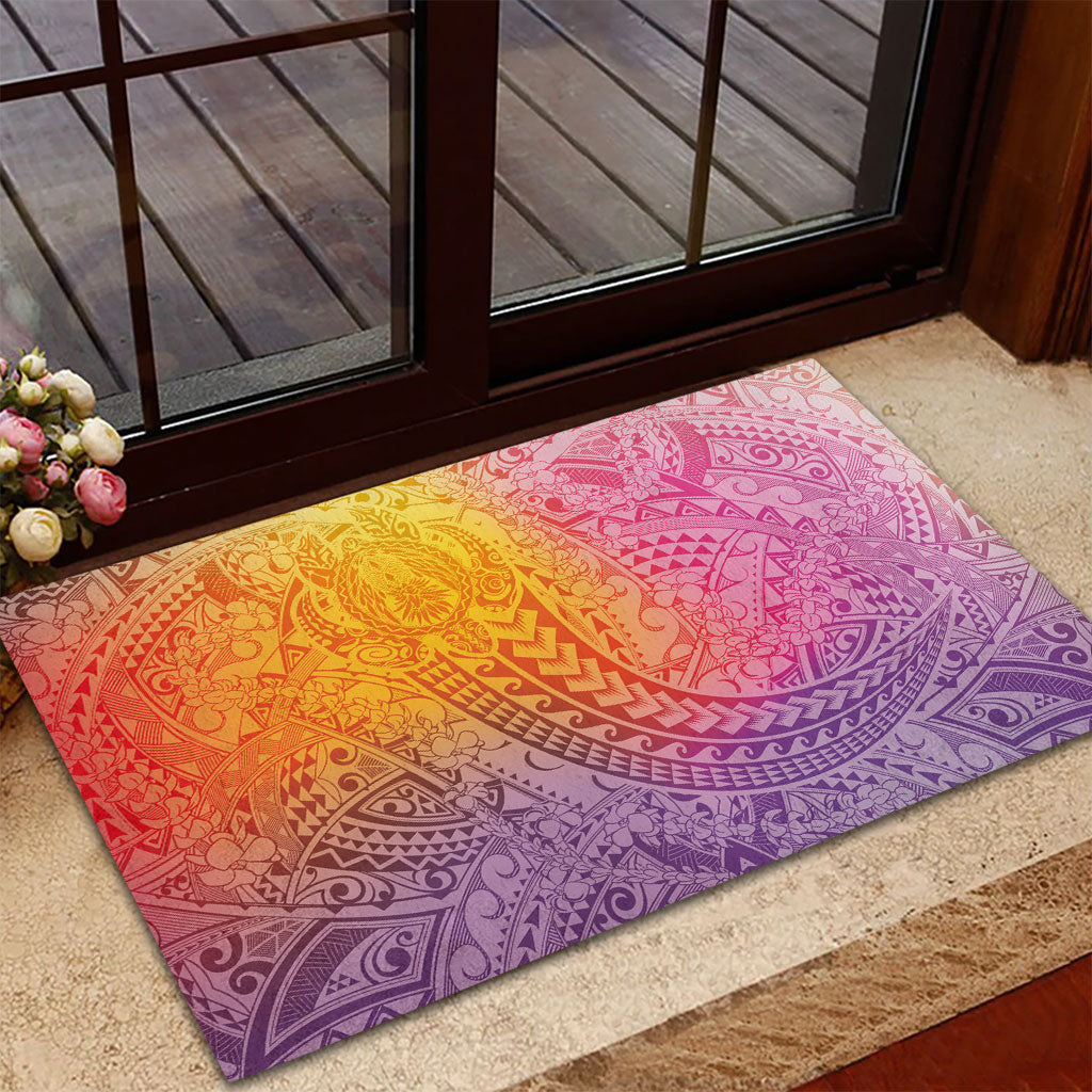 Hawaiian Turtles and Leis Rubber Doormat Tribal Kakau Pattern Magical Rainbow Sky