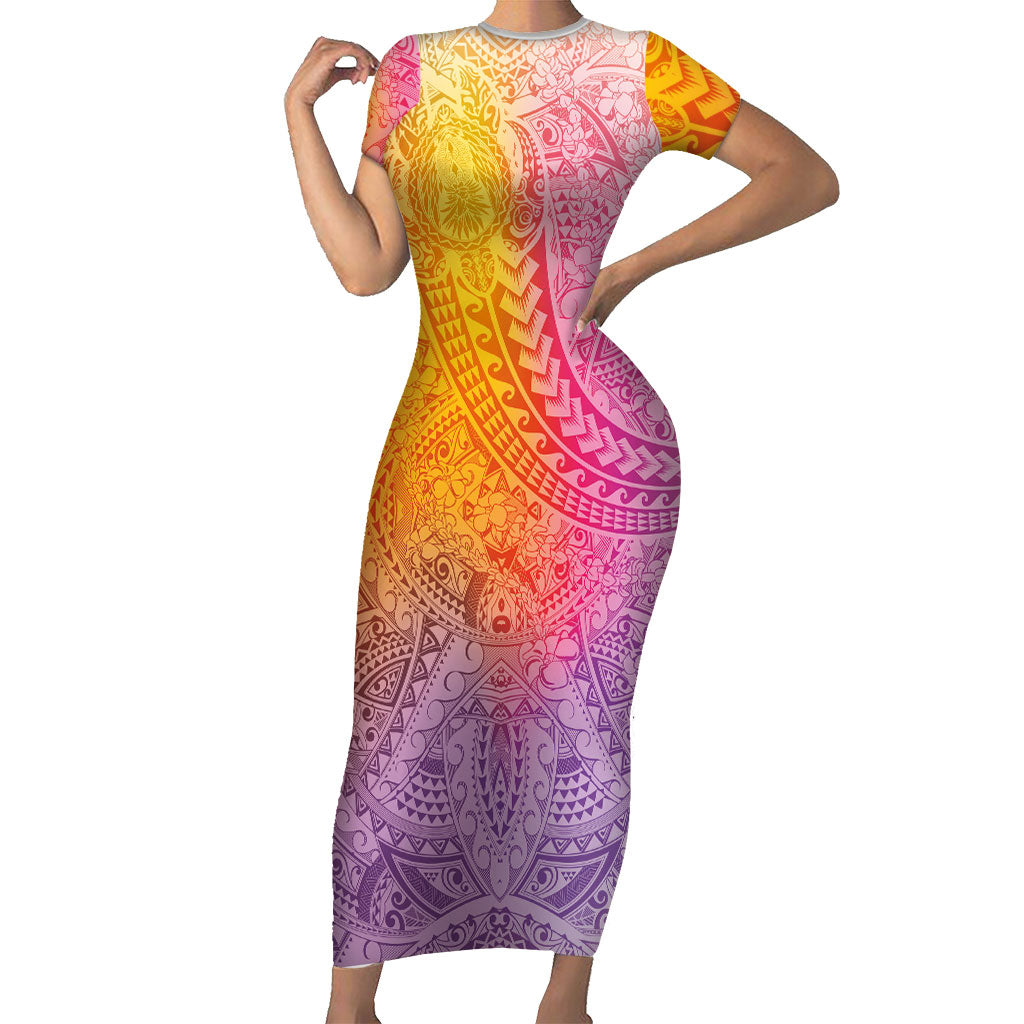Hawaiian Turtles and Leis Short Sleeve Bodycon Dress Tribal Kakau Pattern Magical Rainbow Sky LT03 Long Dress Multicolor - Polynesian Pride