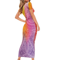 Hawaiian Turtles and Leis Short Sleeve Bodycon Dress Tribal Kakau Pattern Magical Rainbow Sky