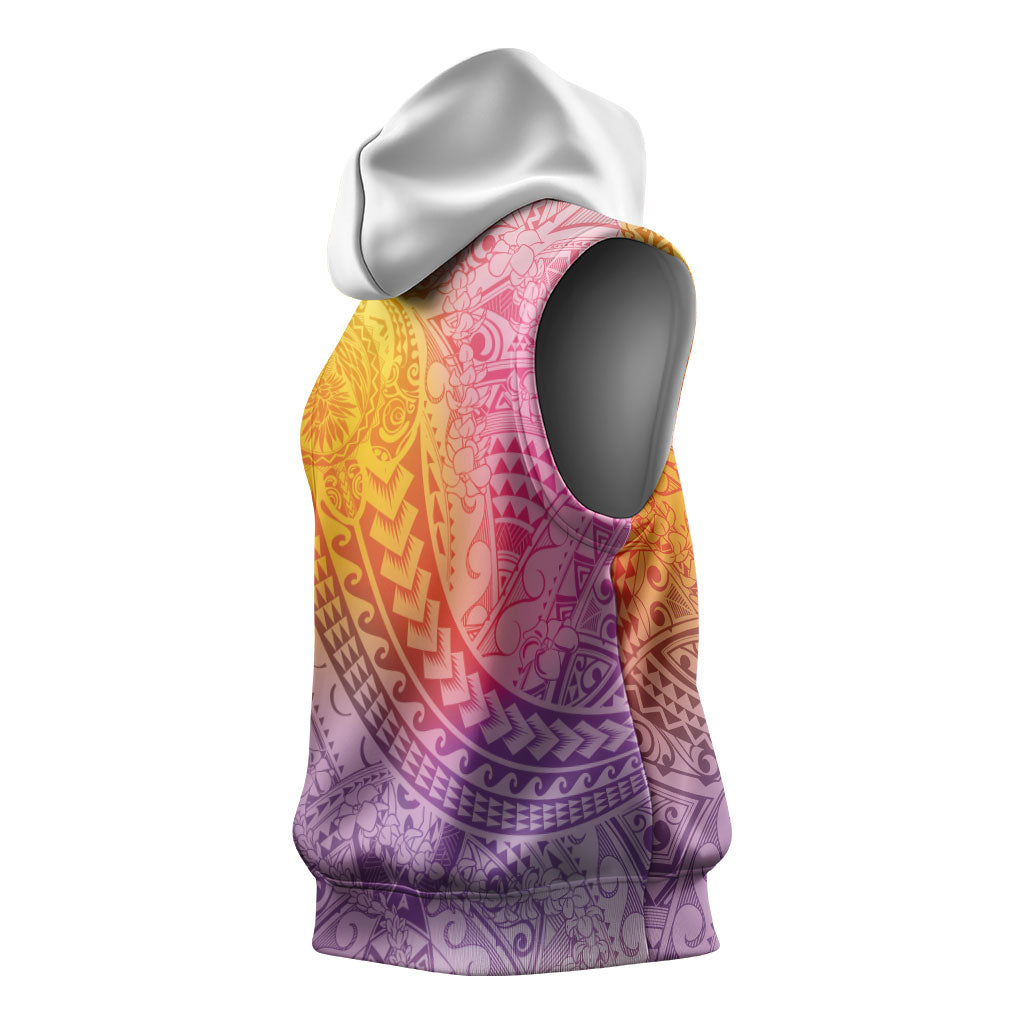 Hawaiian Turtles and Leis Sleeveless Hoodie Tribal Kakau Pattern Magical Rainbow Sky