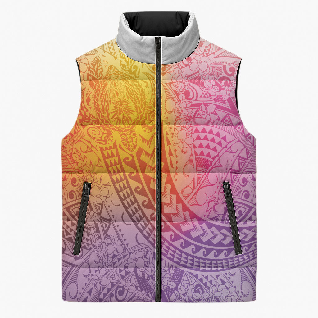 Hawaiian Turtles and Leis Sleeveless Puffer Jacket Tribal Kakau Pattern Magical Rainbow Sky