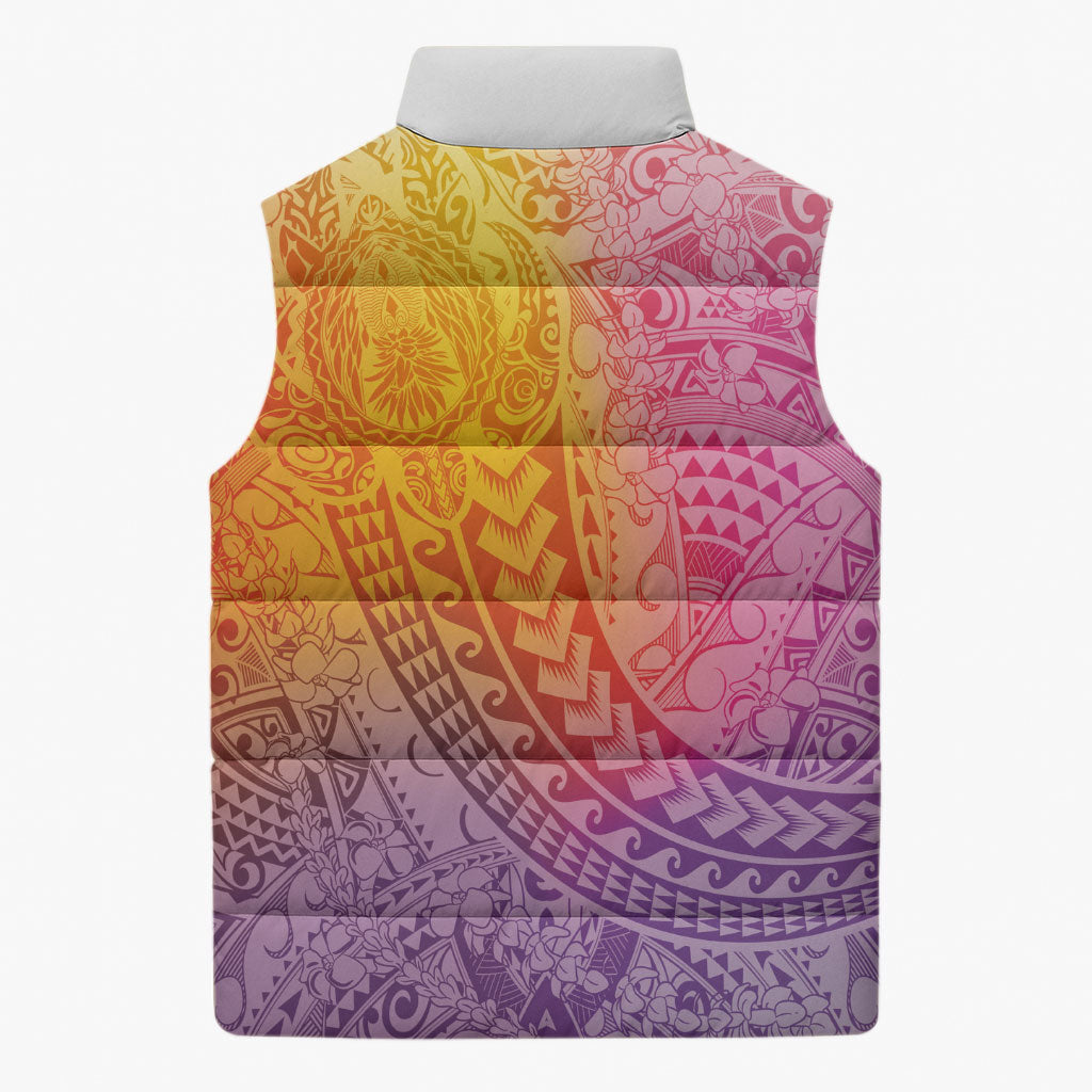 Hawaiian Turtles and Leis Sleeveless Puffer Jacket Tribal Kakau Pattern Magical Rainbow Sky