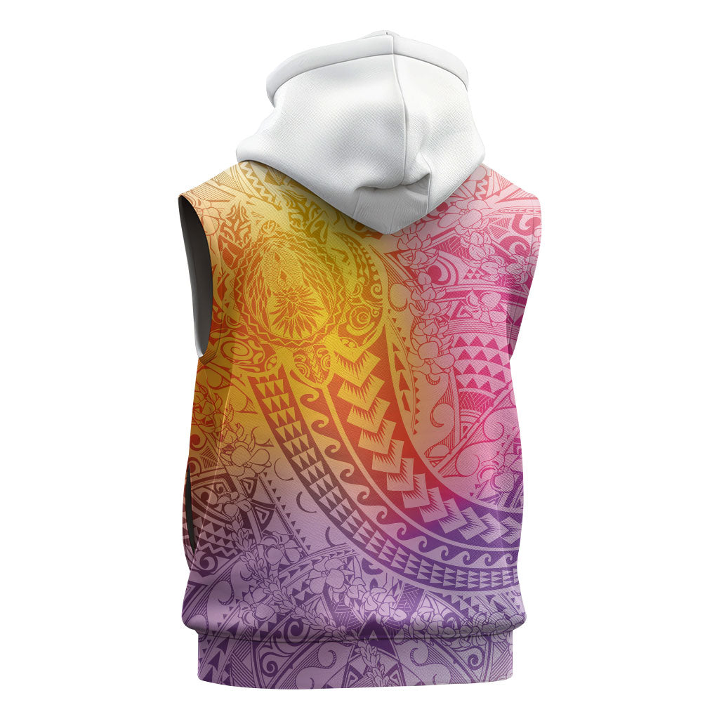 Hawaiian Turtles and Leis Sleeveless Zip Hoodie Tribal Kakau Pattern Magical Rainbow Sky