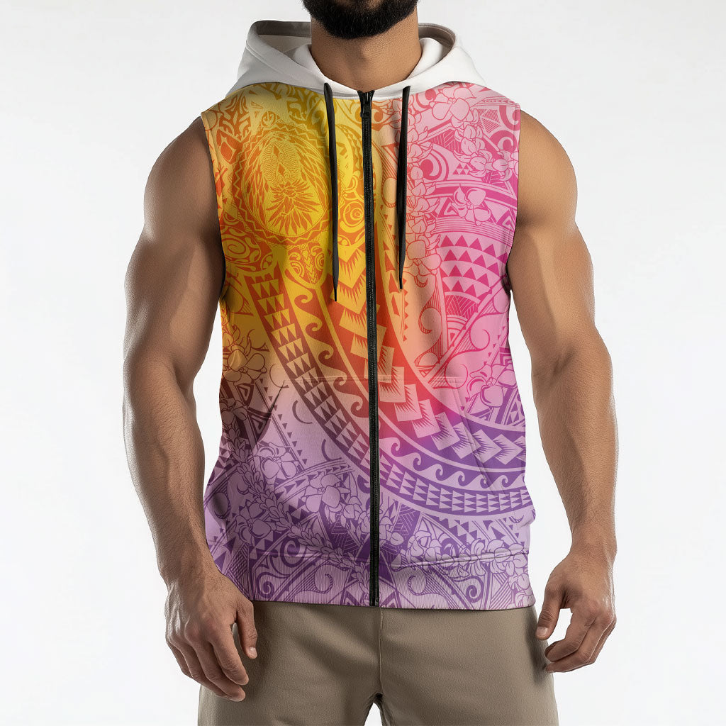 Hawaiian Turtles and Leis Sleeveless Zip Hoodie Tribal Kakau Pattern Magical Rainbow Sky