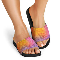 Hawaiian Turtles and Leis Slide Sandals Tribal Kakau Pattern Magical Rainbow Sky