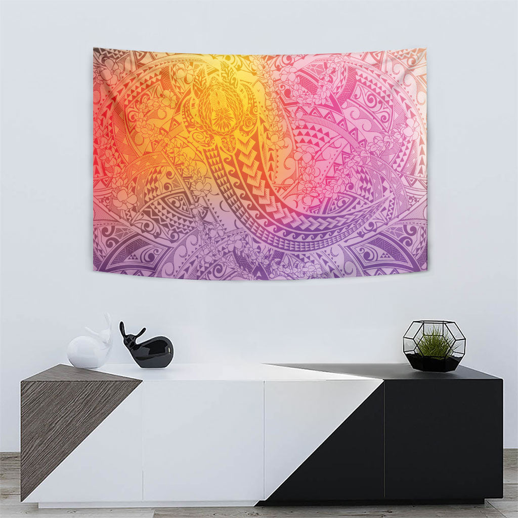 Hawaiian Turtles and Leis Tapestry Tribal Kakau Pattern Magical Rainbow Sky