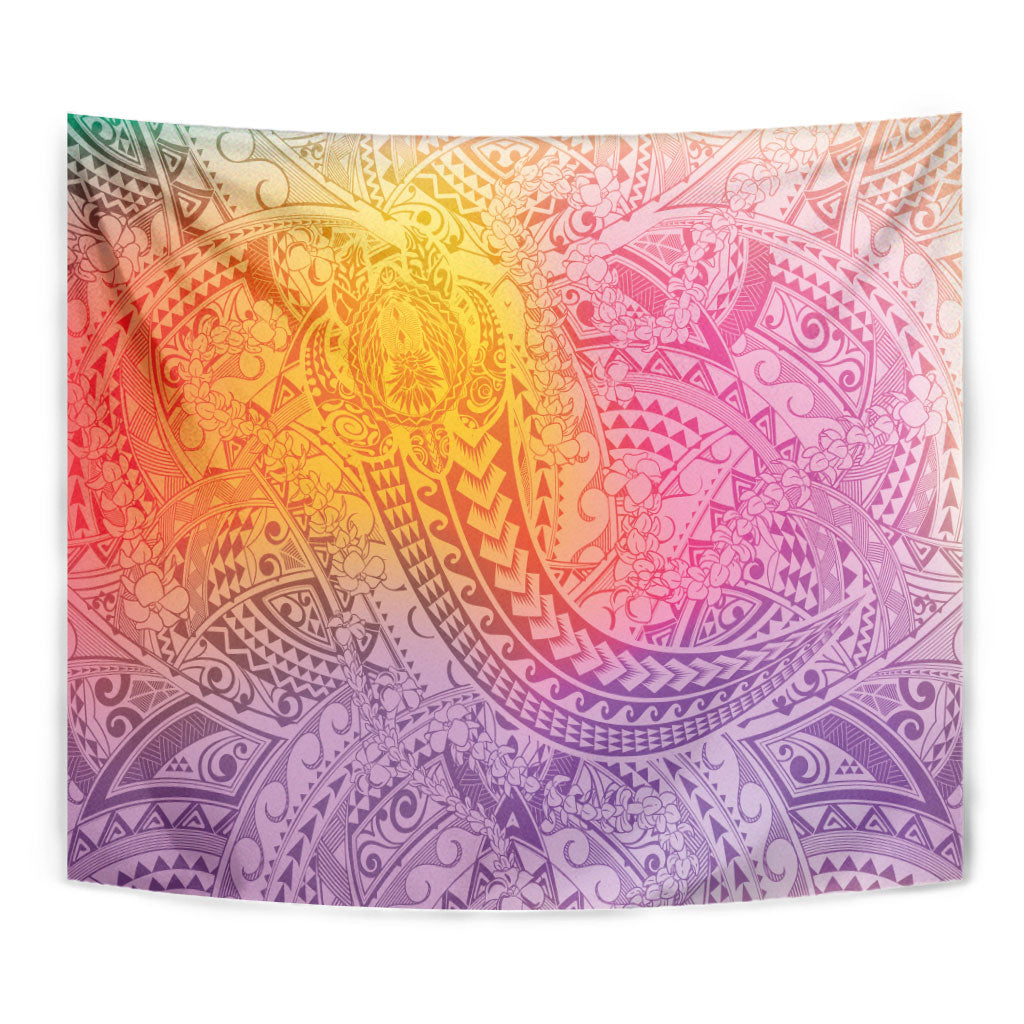 Hawaiian Turtles and Leis Tapestry Tribal Kakau Pattern Magical Rainbow Sky