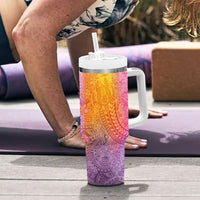 Hawaiian Turtles and Leis Tumbler With Handle Tribal Kakau Pattern Magical Rainbow Sky