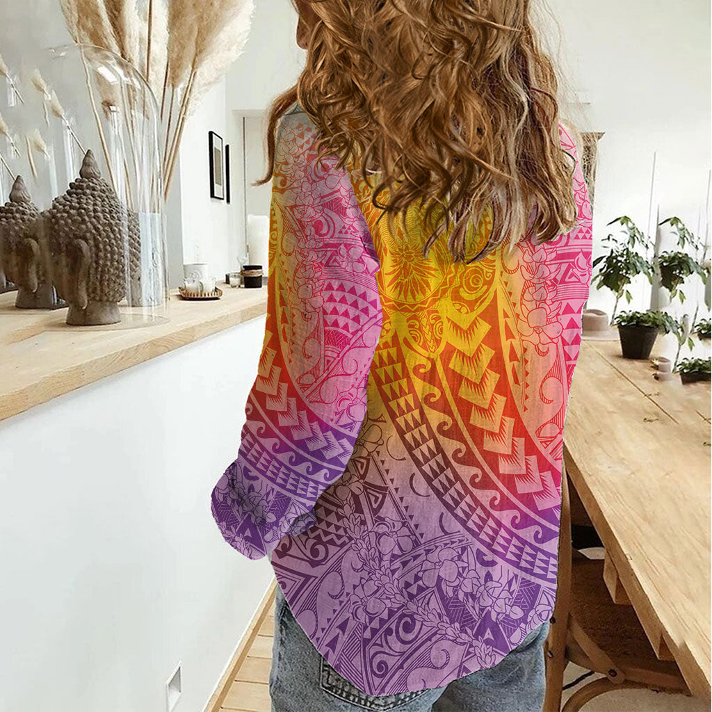 Hawaiian Turtles and Leis Women Casual Shirt Tribal Kakau Pattern Magical Rainbow Sky