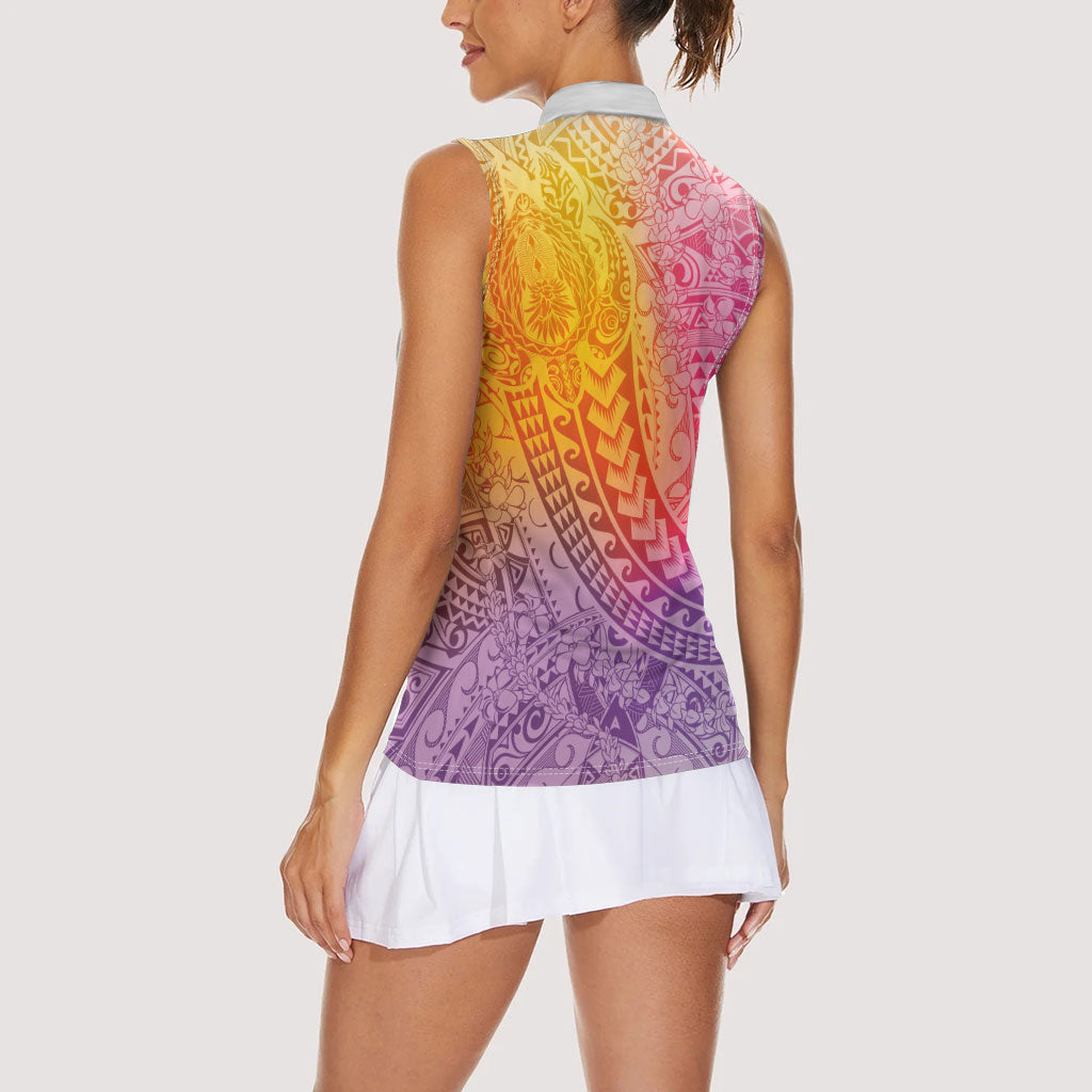 Hawaiian Turtles and Leis Women Sleeveless Polo Shirt Tribal Kakau Pattern Magical Rainbow Sky