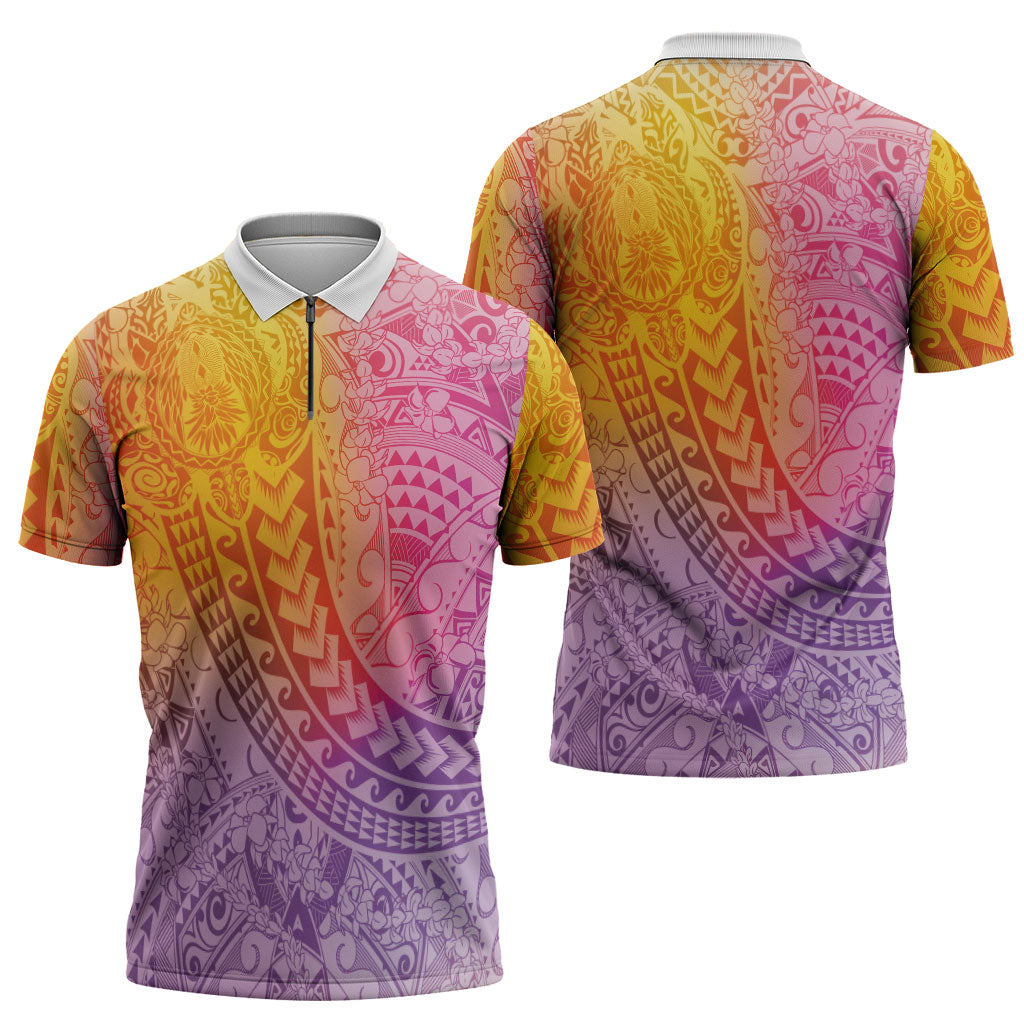 Hawaiian Turtles and Leis Zipper Polo Shirt Tribal Kakau Pattern Magical Rainbow Sky
