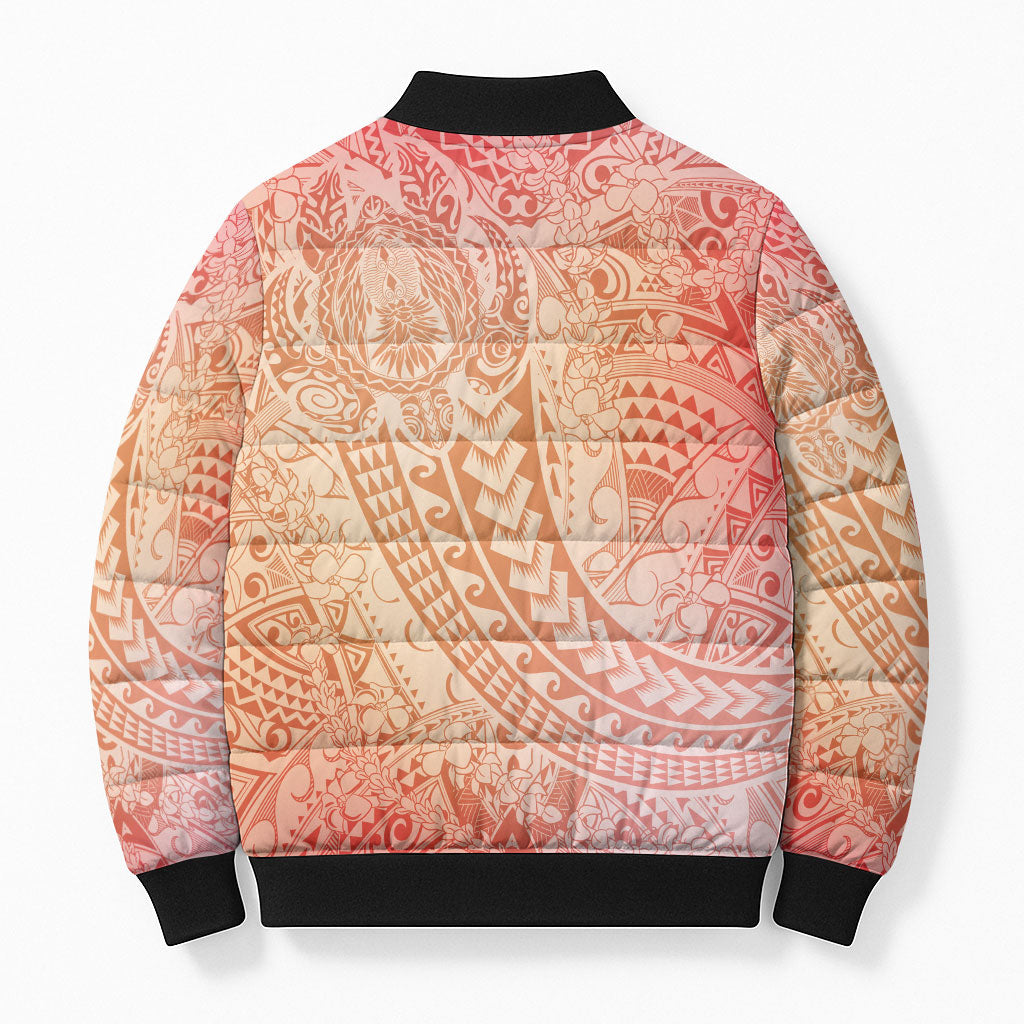 Hawaiian Turtles and Leis Bomber Puffer Jacket Tribal Kakau Pattern Peach Fuzz Color