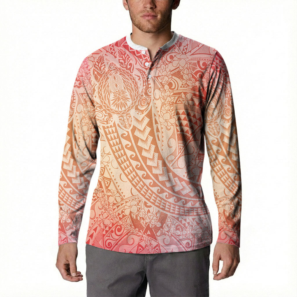 Hawaiian Turtles and Leis Button Sweatshirt Tribal Kakau Pattern Peach Fuzz Color