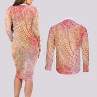 Hawaiian Turtles and Leis Couples Matching Long Sleeve Bodycon Dress and Long Sleeve Button Shirt Tribal Kakau Pattern Peach Fuzz Color