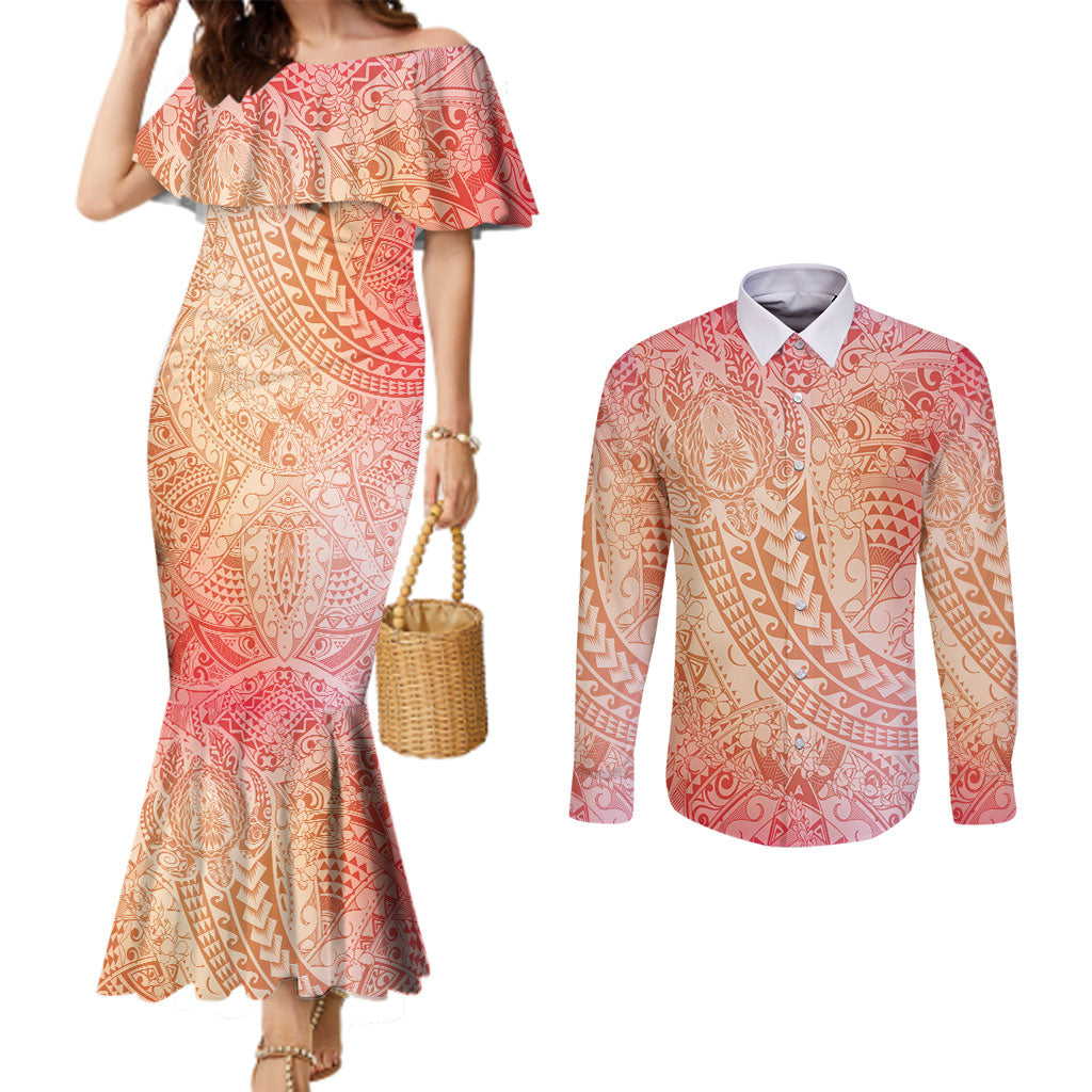Hawaiian Turtles and Leis Couples Matching Mermaid Dress and Long Sleeve Button Shirt Tribal Kakau Pattern Peach Fuzz Color