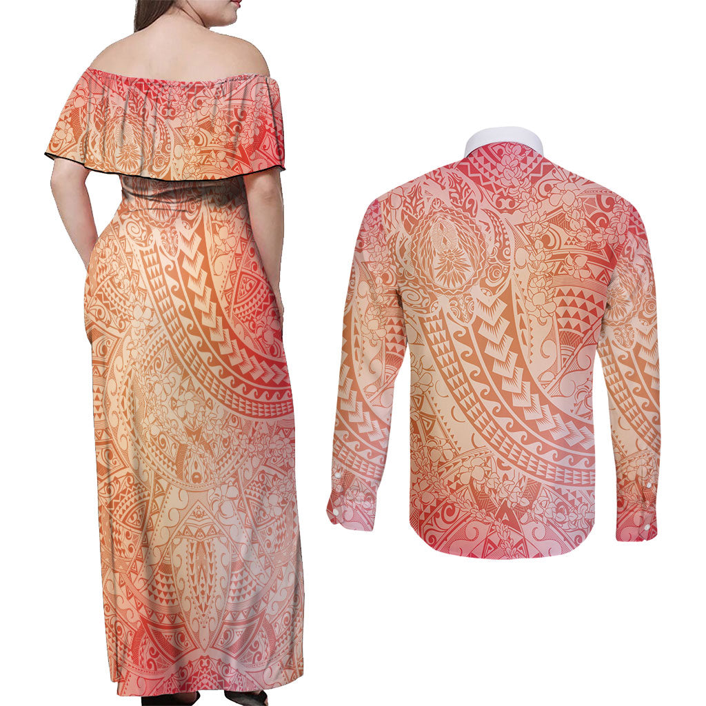 Hawaiian Turtles and Leis Couples Matching Off Shoulder Maxi Dress and Long Sleeve Button Shirt Tribal Kakau Pattern Peach Fuzz Color