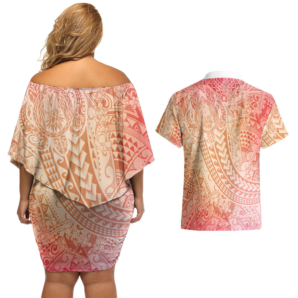 Hawaiian Turtles and Leis Couples Matching Off Shoulder Short Dress and Hawaiian Shirt Tribal Kakau Pattern Peach Fuzz Color