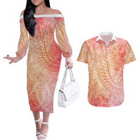 Hawaiian Turtles and Leis Couples Matching Off The Shoulder Long Sleeve Dress and Hawaiian Shirt Tribal Kakau Pattern Peach Fuzz Color