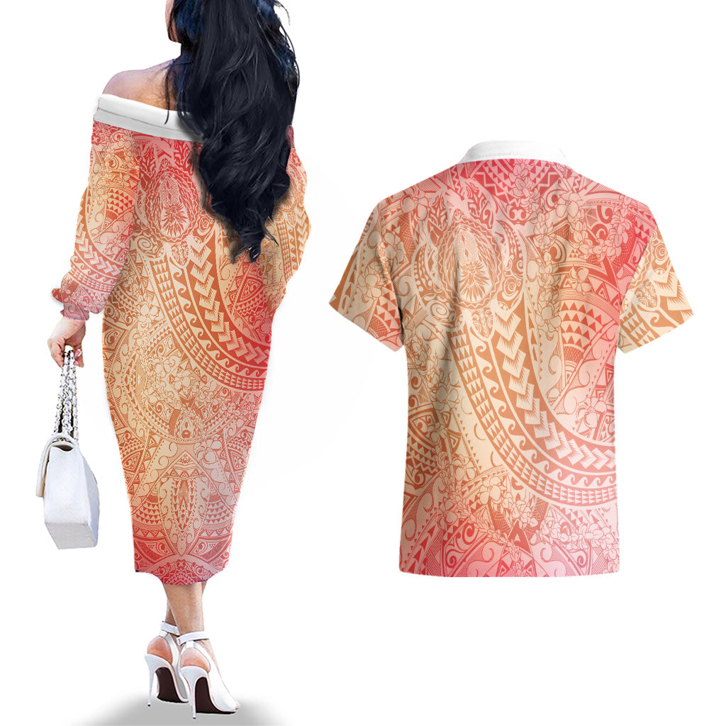 Hawaiian Turtles and Leis Couples Matching Off The Shoulder Long Sleeve Dress and Hawaiian Shirt Tribal Kakau Pattern Peach Fuzz Color