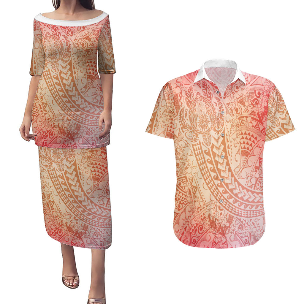 Hawaiian Turtles and Leis Couples Matching Puletasi and Hawaiian Shirt Tribal Kakau Pattern Peach Fuzz Color LT03 Peach Fuzz - Polynesian Pride