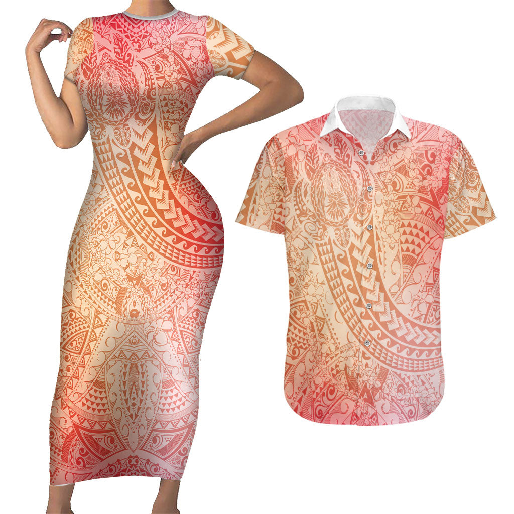 Hawaiian Turtles and Leis Couples Matching Short Sleeve Bodycon Dress and Hawaiian Shirt Tribal Kakau Pattern Peach Fuzz Color LT03 Peach Fuzz - Polynesian Pride