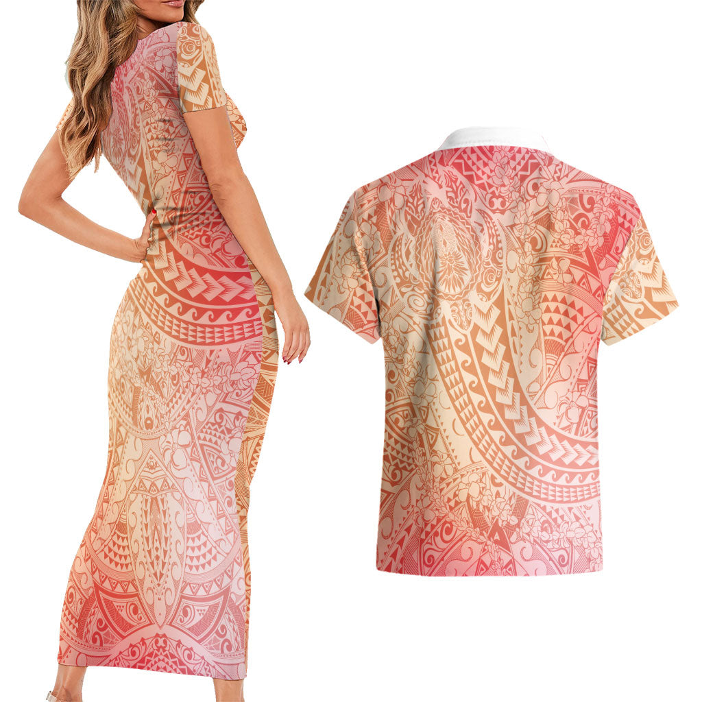 Hawaiian Turtles and Leis Couples Matching Short Sleeve Bodycon Dress and Hawaiian Shirt Tribal Kakau Pattern Peach Fuzz Color