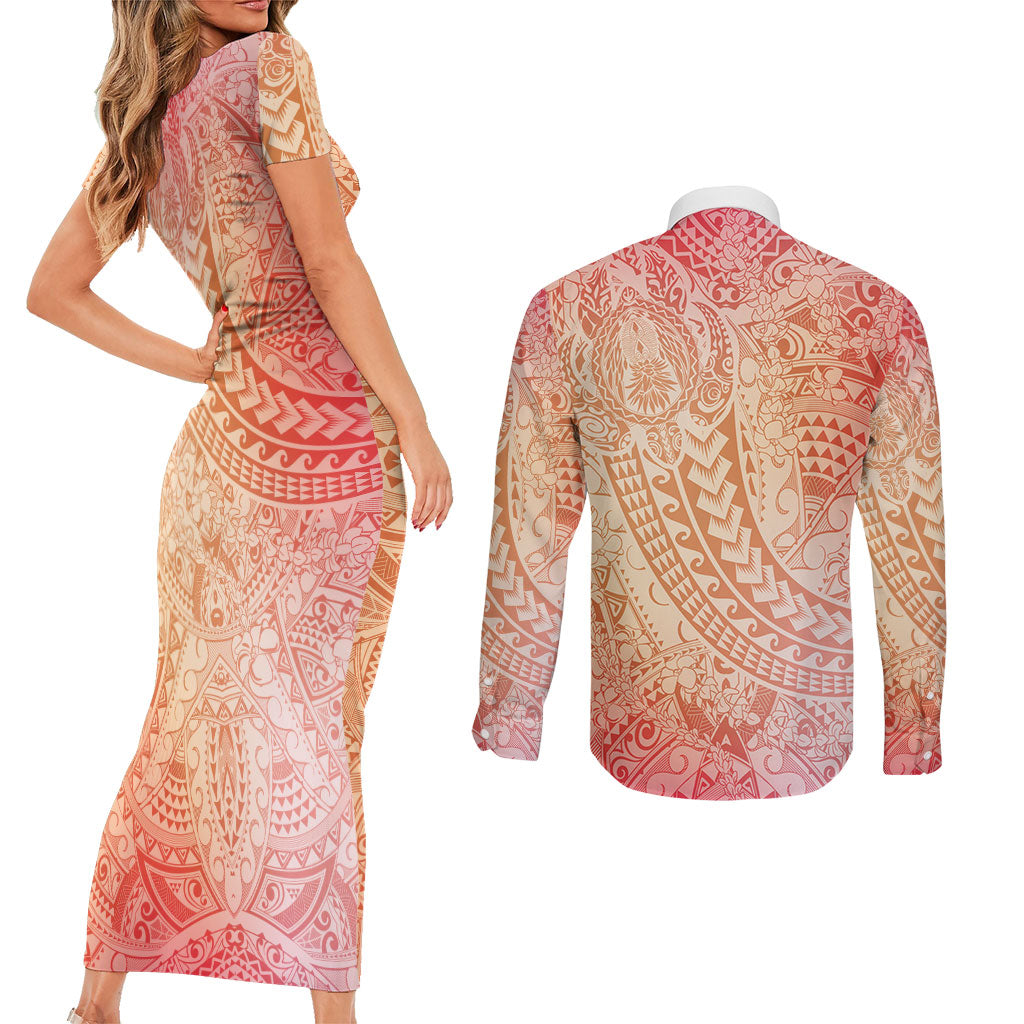 Hawaiian Turtles and Leis Couples Matching Short Sleeve Bodycon Dress and Long Sleeve Button Shirt Tribal Kakau Pattern Peach Fuzz Color