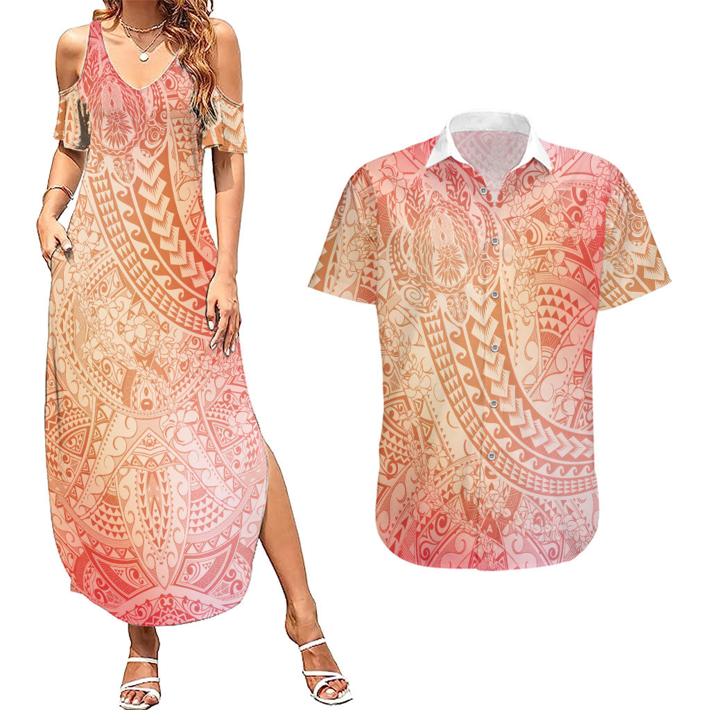 Hawaiian Turtles and Leis Couples Matching Summer Maxi Dress and Hawaiian Shirt Tribal Kakau Pattern Peach Fuzz Color