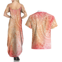 Hawaiian Turtles and Leis Couples Matching Summer Maxi Dress and Hawaiian Shirt Tribal Kakau Pattern Peach Fuzz Color