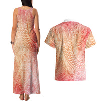 Hawaiian Turtles and Leis Couples Matching Tank Maxi Dress and Hawaiian Shirt Tribal Kakau Pattern Peach Fuzz Color