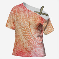 Hawaiian Turtles and Leis Cross Shoulder Shirt Tribal Kakau Pattern Peach Fuzz Color