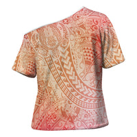 Hawaiian Turtles and Leis Cross Shoulder Shirt Tribal Kakau Pattern Peach Fuzz Color