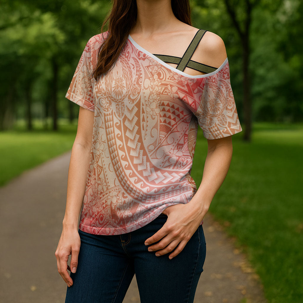 Hawaiian Turtles and Leis Cross Shoulder Shirt Tribal Kakau Pattern Peach Fuzz Color