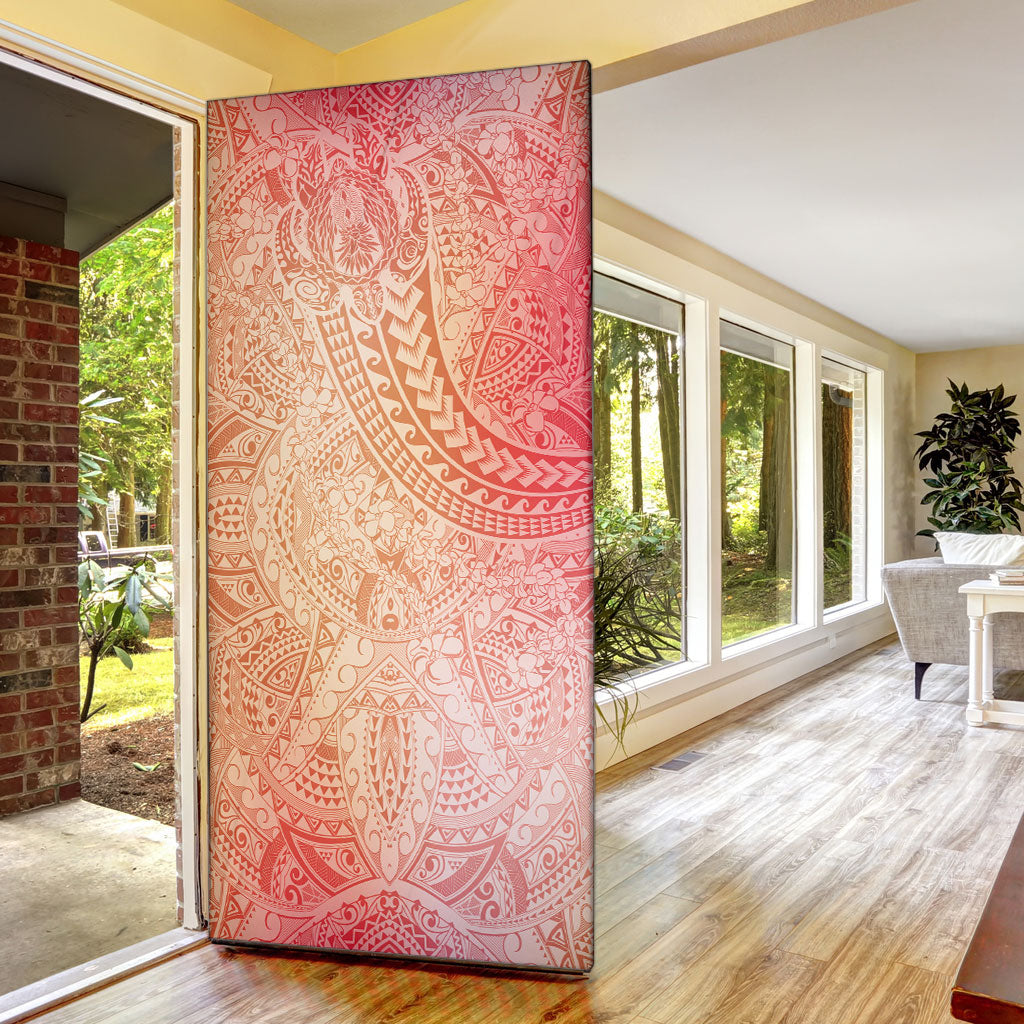 Hawaiian Turtles and Leis Door Cover Tribal Kakau Pattern Peach Fuzz Color