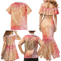 Hawaiian Turtles and Leis Family Matching Mermaid Dress and Hawaiian Shirt Tribal Kakau Pattern Peach Fuzz Color