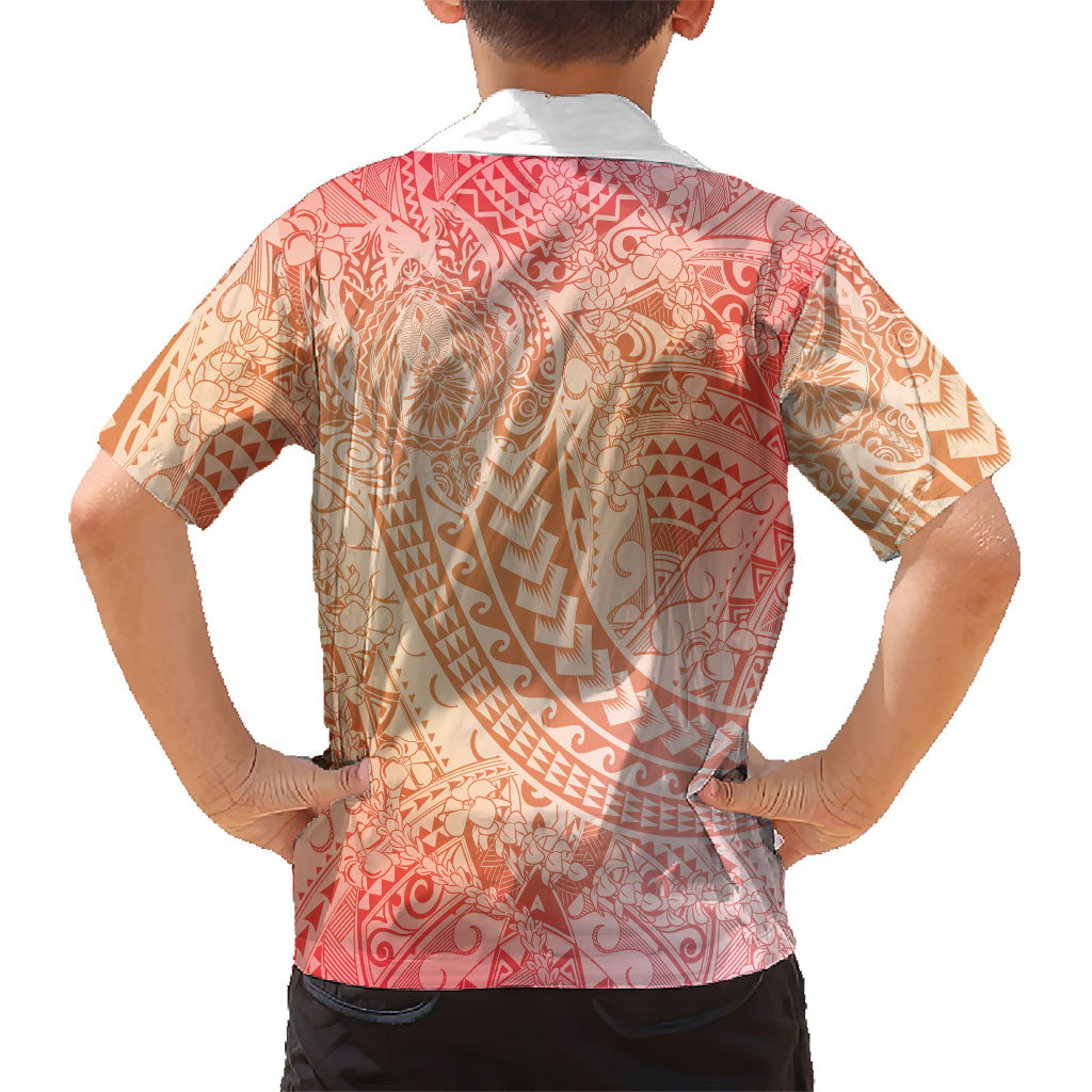 Hawaiian Turtles and Leis Family Matching Off The Shoulder Long Sleeve Dress and Hawaiian Shirt Tribal Kakau Pattern Peach Fuzz Color