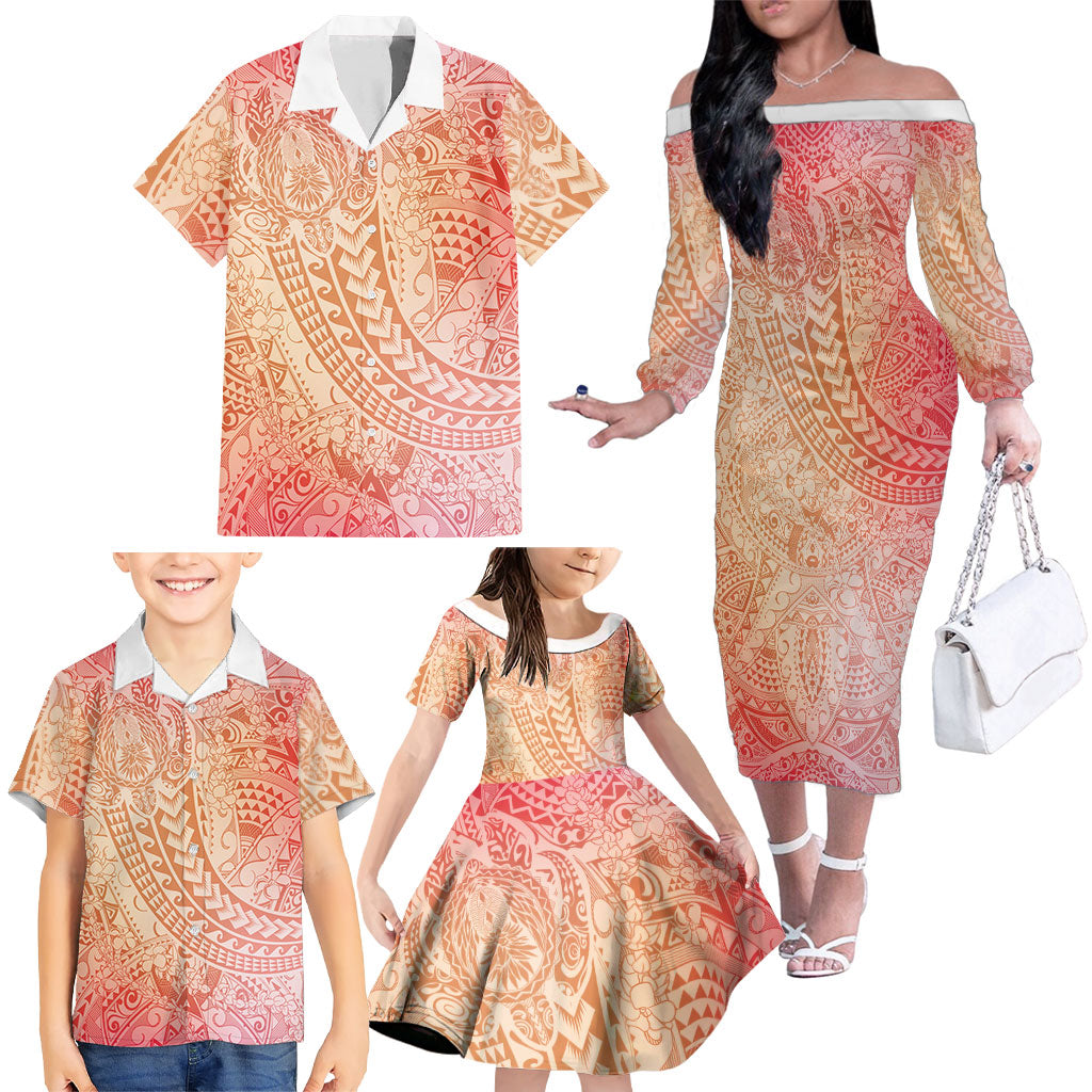 Hawaiian Turtles and Leis Family Matching Off The Shoulder Long Sleeve Dress and Hawaiian Shirt Tribal Kakau Pattern Peach Fuzz Color