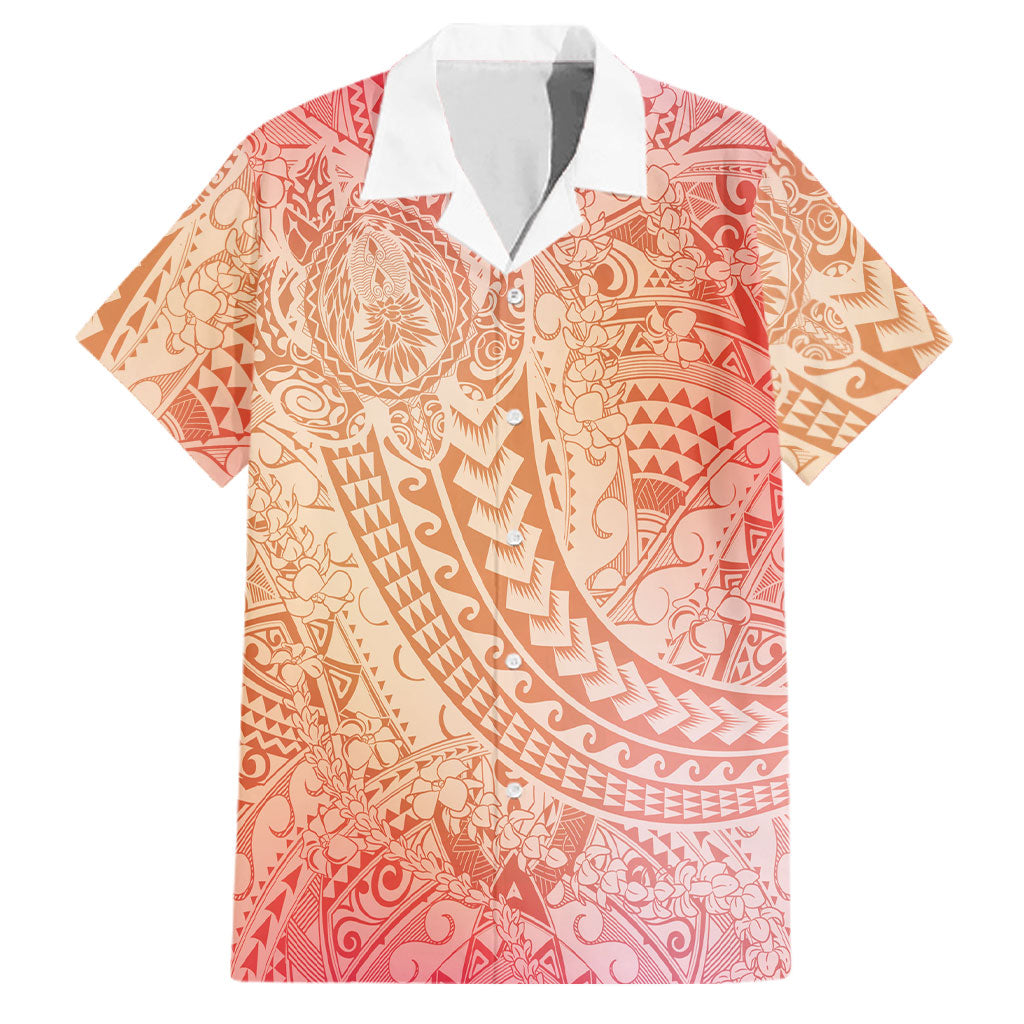 Hawaiian Turtles and Leis Family Matching Off The Shoulder Long Sleeve Dress and Hawaiian Shirt Tribal Kakau Pattern Peach Fuzz Color