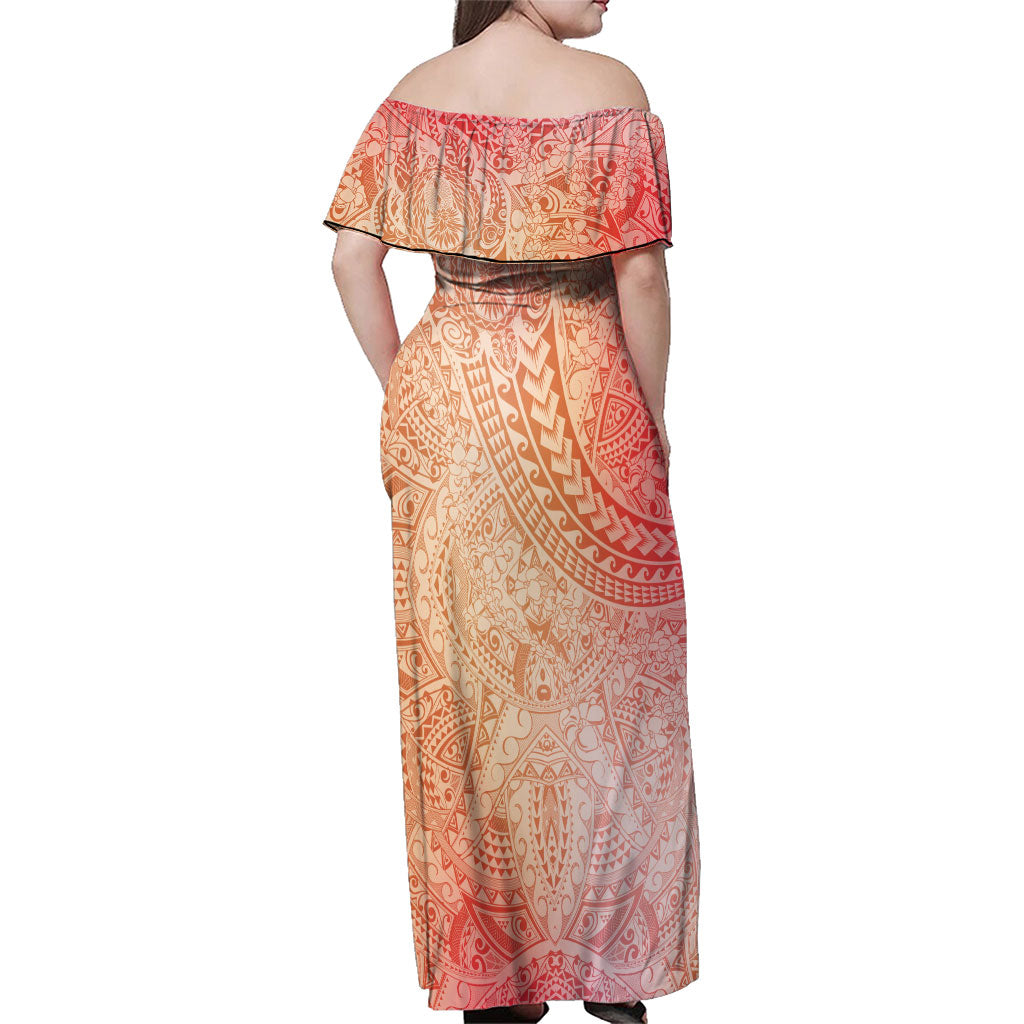 Hawaiian Turtles and Leis Family Matching Off Shoulder Maxi Dress and Hawaiian Shirt Tribal Kakau Pattern Peach Fuzz Color