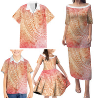 Hawaiian Turtles and Leis Family Matching Puletasi and Hawaiian Shirt Tribal Kakau Pattern Peach Fuzz Color