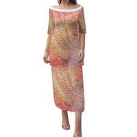 Hawaiian Turtles and Leis Family Matching Puletasi and Hawaiian Shirt Tribal Kakau Pattern Peach Fuzz Color
