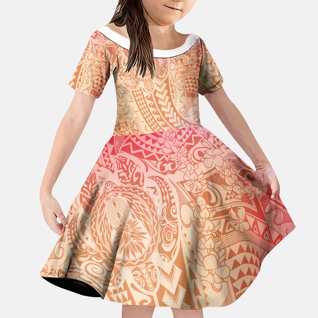 Hawaiian Turtles and Leis Family Matching Short Sleeve Bodycon Dress and Hawaiian Shirt Tribal Kakau Pattern Peach Fuzz Color