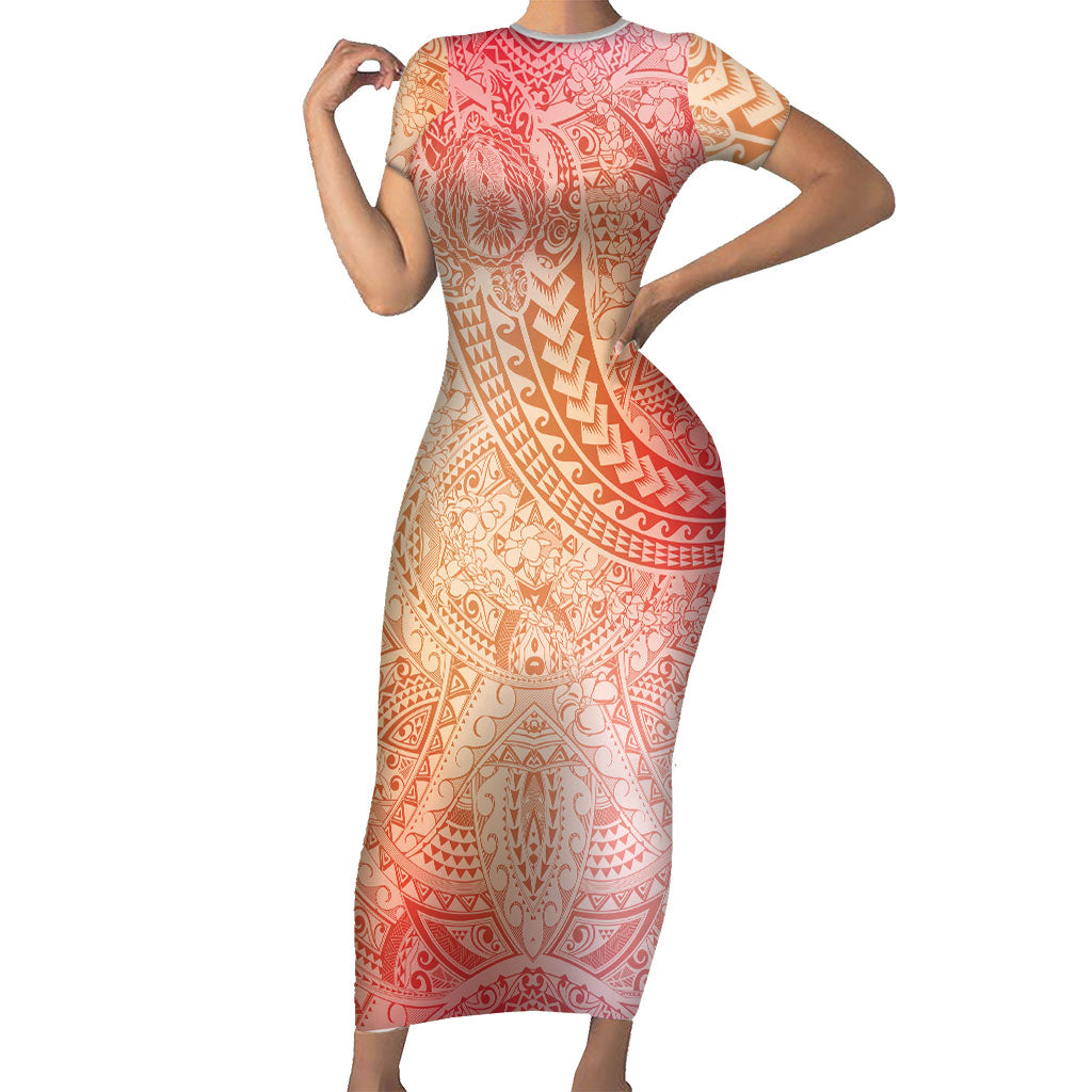 Hawaiian Turtles and Leis Family Matching Short Sleeve Bodycon Dress and Hawaiian Shirt Tribal Kakau Pattern Peach Fuzz Color