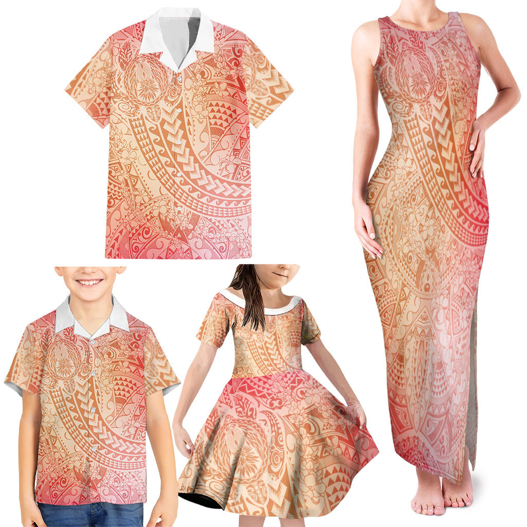 Hawaiian Turtles and Leis Family Matching Tank Maxi Dress and Hawaiian Shirt Tribal Kakau Pattern Peach Fuzz Color