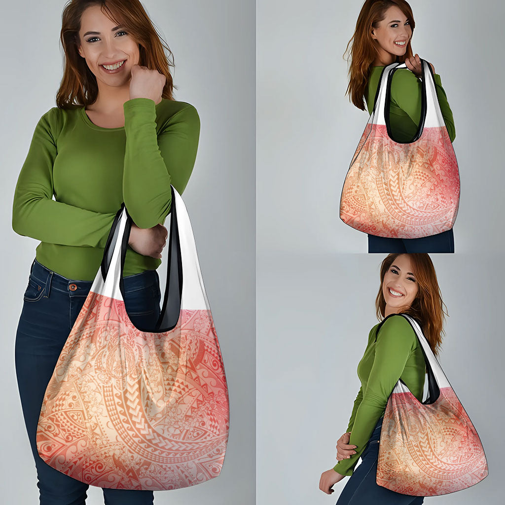 Hawaiian Turtles and Leis Grocery Bag Tribal Kakau Pattern Peach Fuzz Color