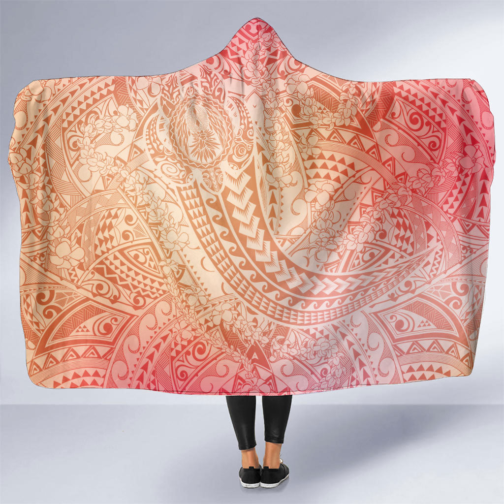 Hawaiian Turtles and Leis Hooded Blanket Tribal Kakau Pattern Peach Fuzz Color