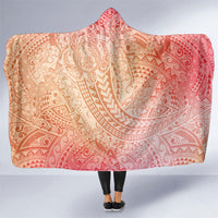 Hawaiian Turtles and Leis Hooded Blanket Tribal Kakau Pattern Peach Fuzz Color